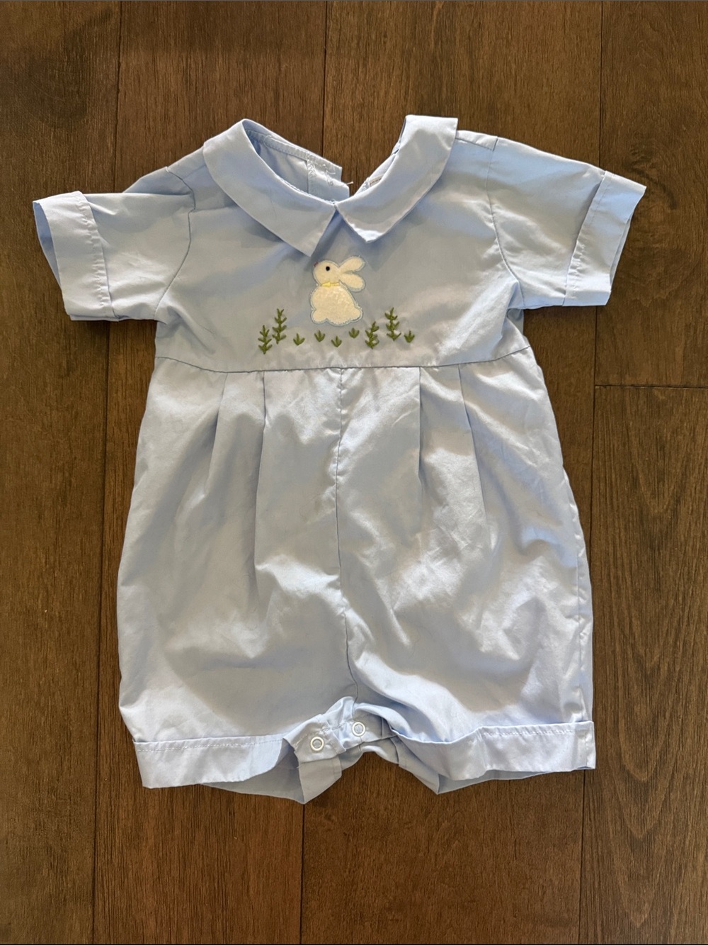 Embroidered Bunny Light Blue Baby One-Piece Smocked Romper